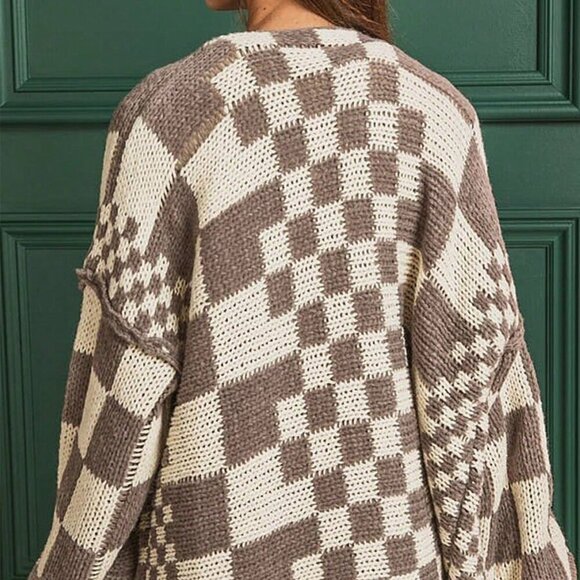 Brown Casual Women's Open Front Mixed Checkered Pattern Knit Cardigan - Picture 3 of 6